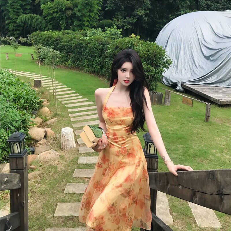 Women Midi Floral Halter Slip Dress Summer Vintage Painting Flowers Backless Casual Party Night Vacation Runway Vestidos