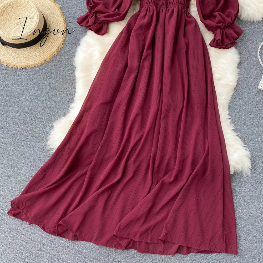 Ingvn - Summer Beach Chiffon Long Dress Elegant Solid Lantern Sleeve High Waist Women Maxi Dress Party Club Ladies Vestidos New