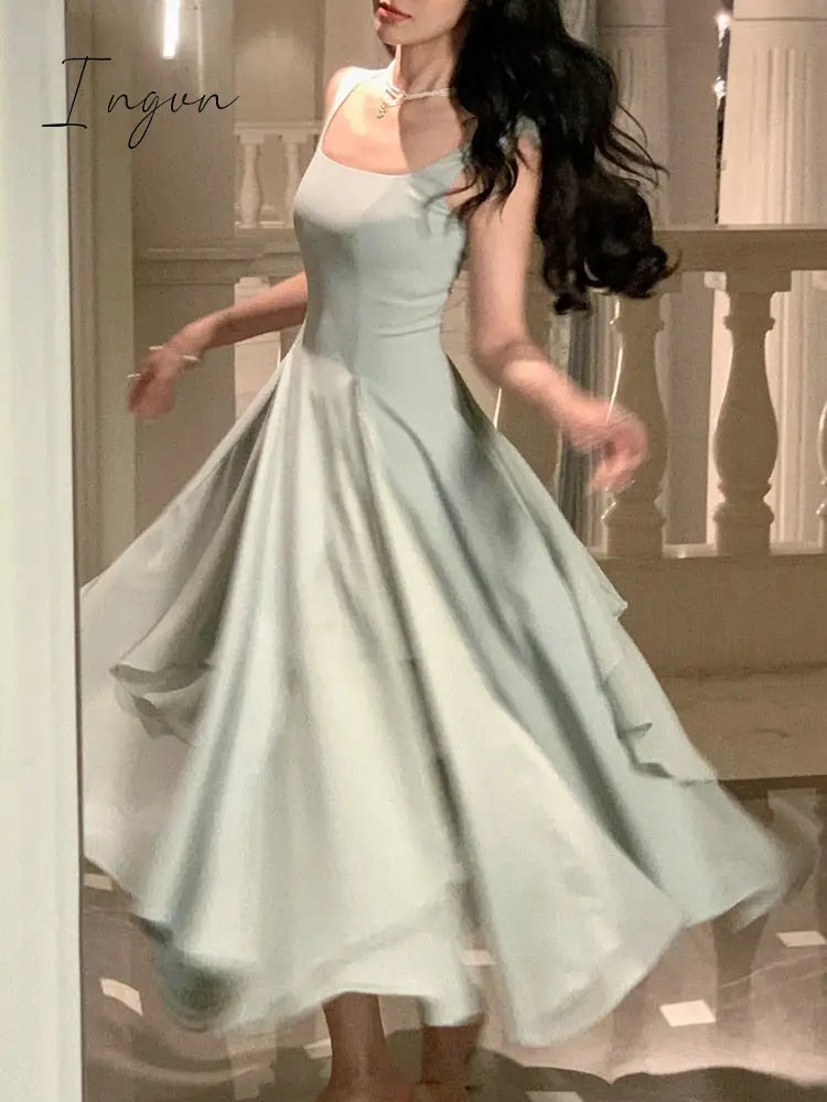 Ingvn - Elegant Sleeveless Female A-line Dress Summer Ladies Vestidos Spaghetti Strap Slim Waist Mesh Patchwork Women Dress