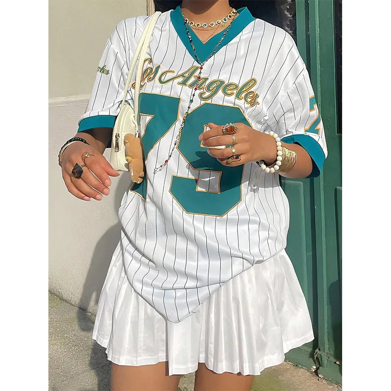Los Angeles No. 79 Jersey V-neck Loose Streetwear 3D Printed Vertical Stripe Fashion Short Sleeved Women's Summer Sports Tee