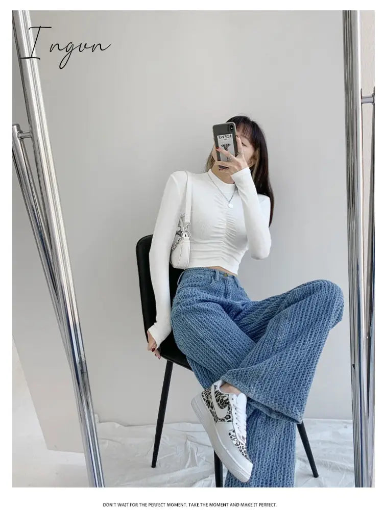Ingvn - Women Jeans High Waist Casual Streetwear y2k Baggy Office Lady New Fashion Korean Denim Trousers Female Straight Wide Leg Pants