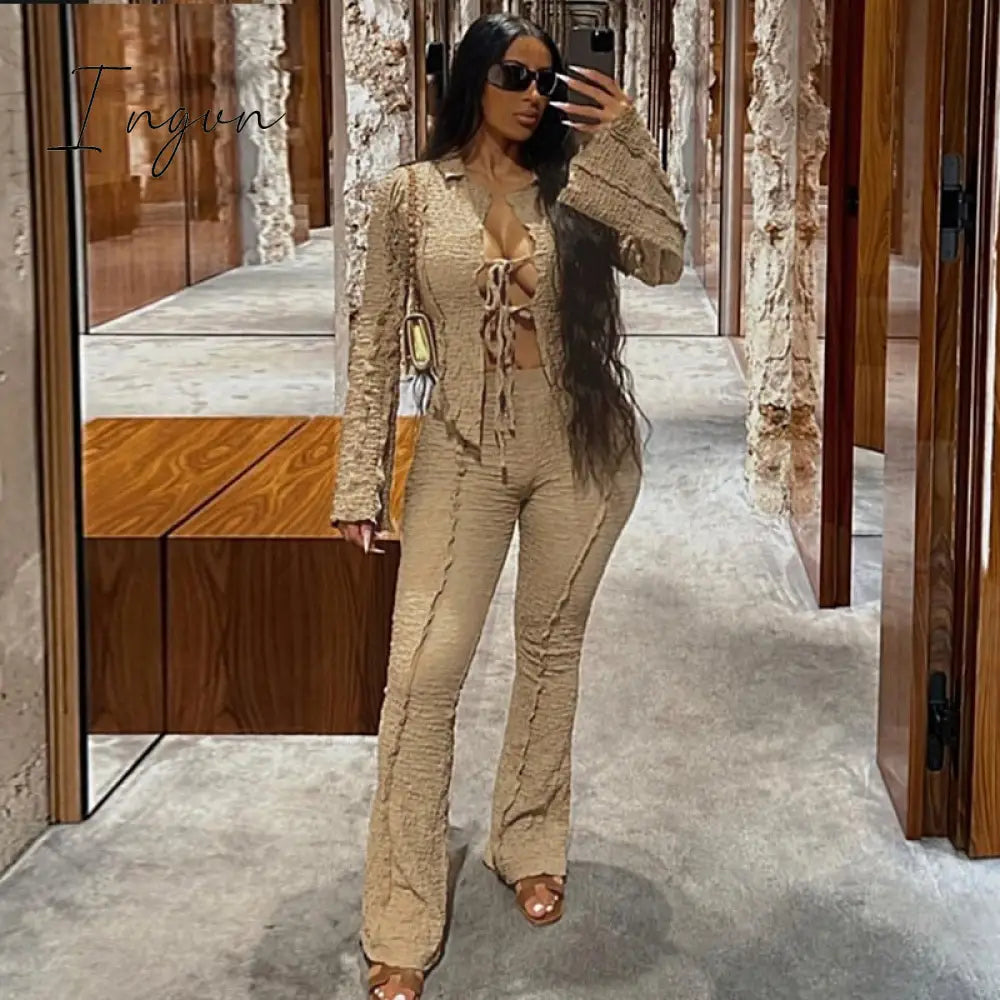 Ingvn - Fall 2 Pieces Set Tracksuits Women Clubwear Festival Outfit Turndown Neck Solid Long Flare Sleeve Crop Top And Pants