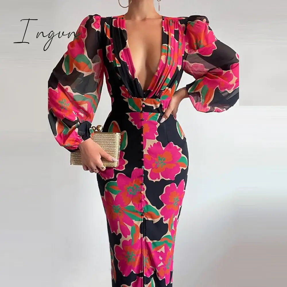 Ingvn - Women Sexy Button V-Neck Slit Party Dress Lady Elegant Print Slim Maxi Dress Spring Summer Casual Long Sleeve High Waist Vestido