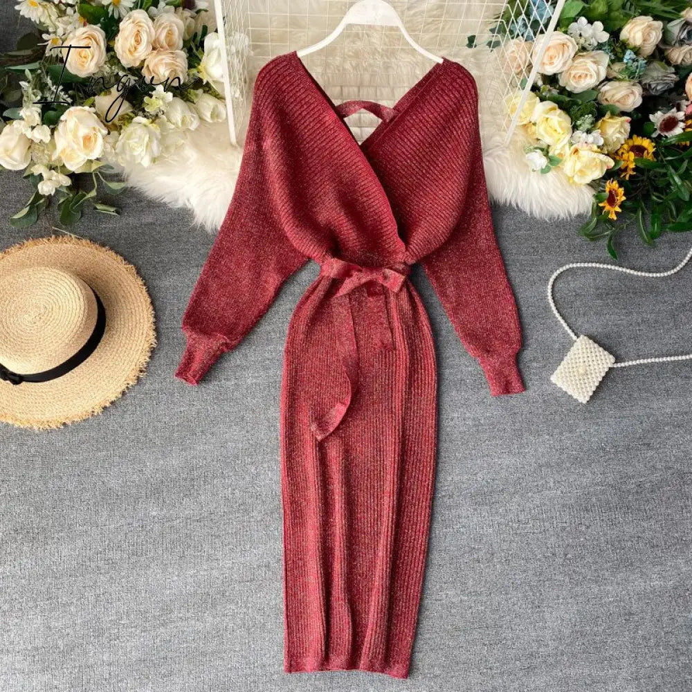 Ingvn - Women Shiny Knitted Dress Sexy V Neck Puff Sleeve Elastic Sheath Knitting Dress Autumn Solid Bow Sashes Pencil Dress