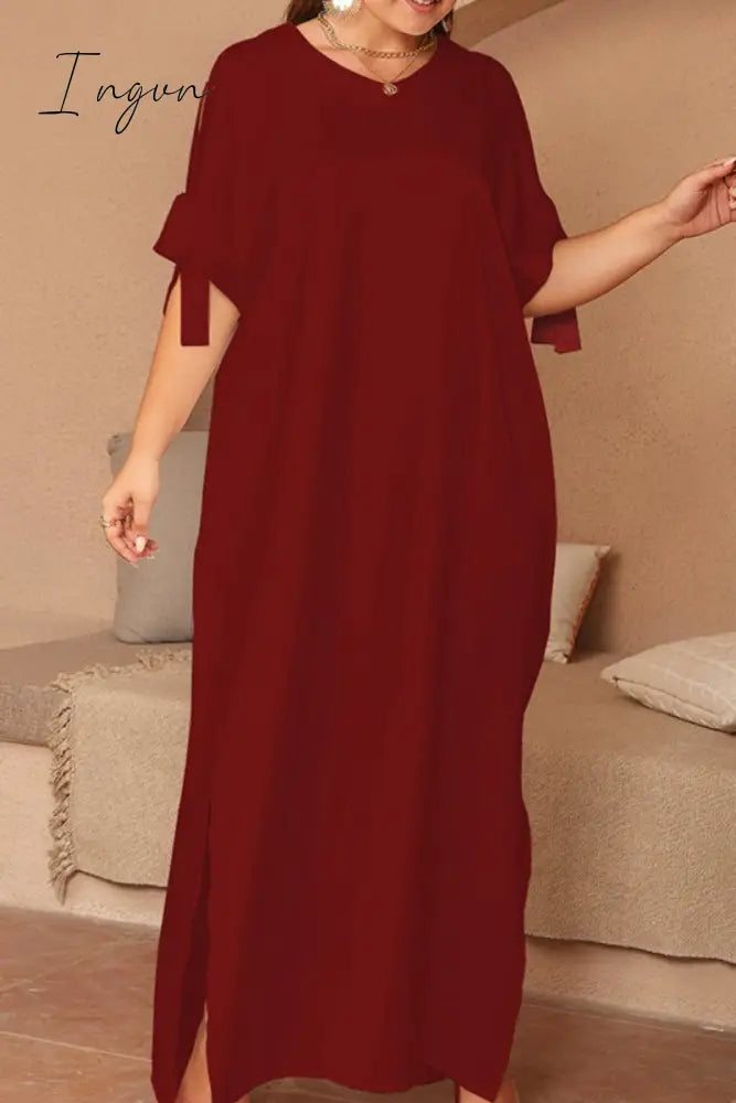 Ingvn - Casual Solid Frenulum Slit O Neck Long Dress Plus Size Dresses