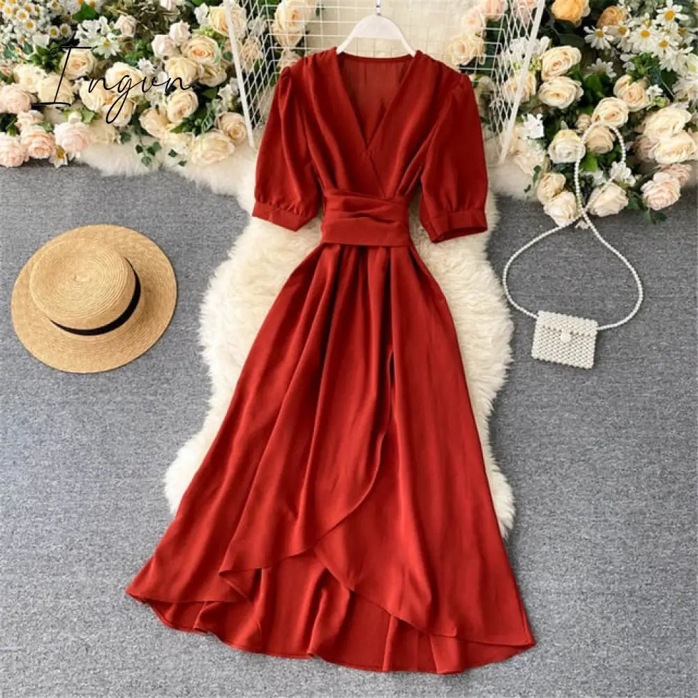 Ingvn - Women Summer Midi French Dress Sweet V-Neck Puff Sleeve High Waist Elegant Solid Woman Dresses Female Clothing New Year