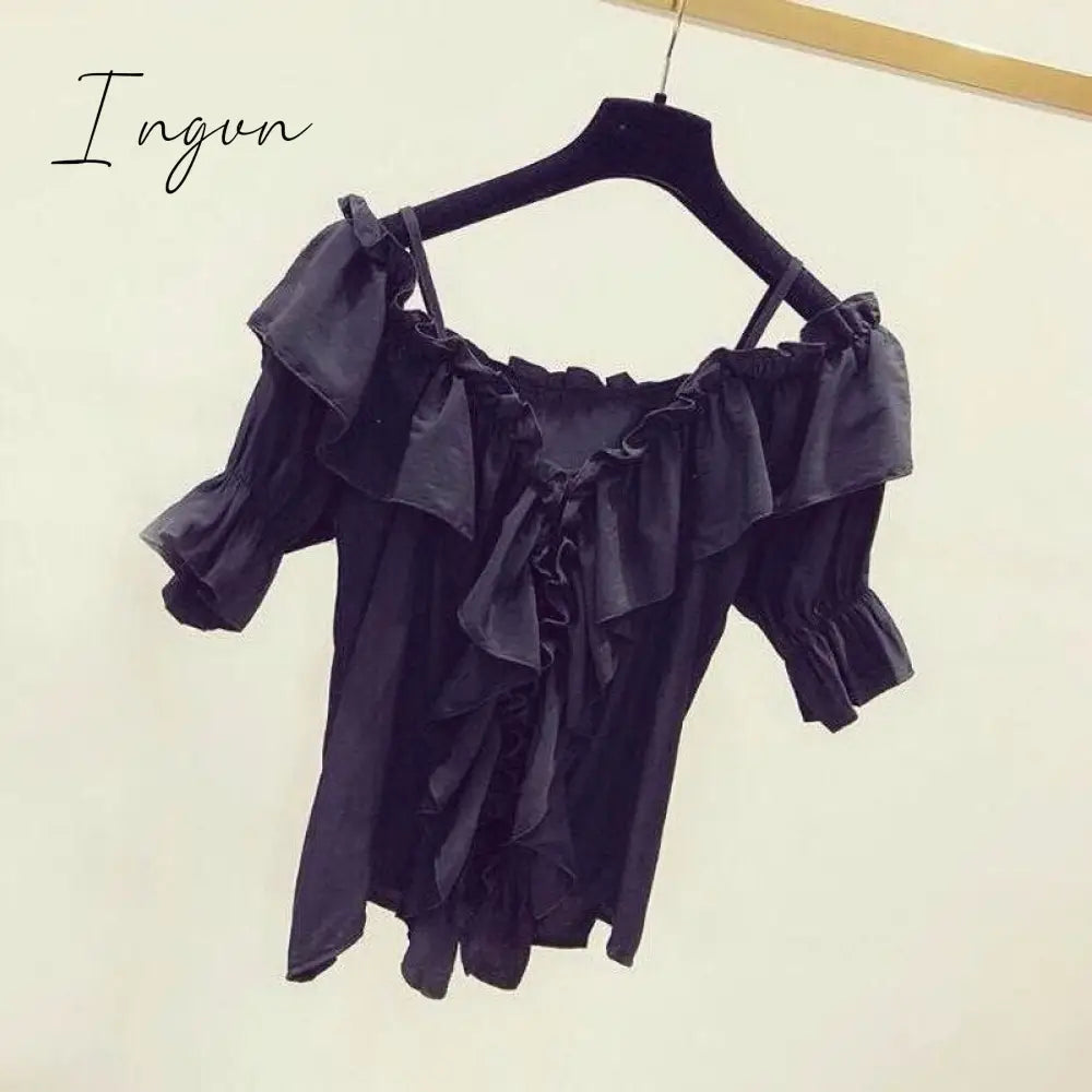 Ingvn - Ruffle Youth Elegant Blouses Tops Women Fashion Low Cut Blouse Summer Chiffon Shirt Pretty Bebeautiful Clothes