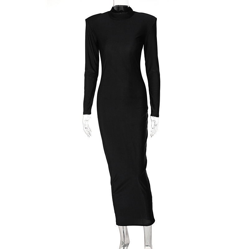 Solid Long Sleeve With Shoulder Pads Turtleneck Maxi Dress New Year Women Fashion Streetwear Elegant Skinny