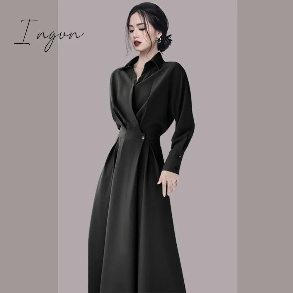 Ingvn - Women Dress Shirt Dress Long Evening Female Vintage Maxi Party Oversize Beach Woman Dresses Casual Elegant Prom Black