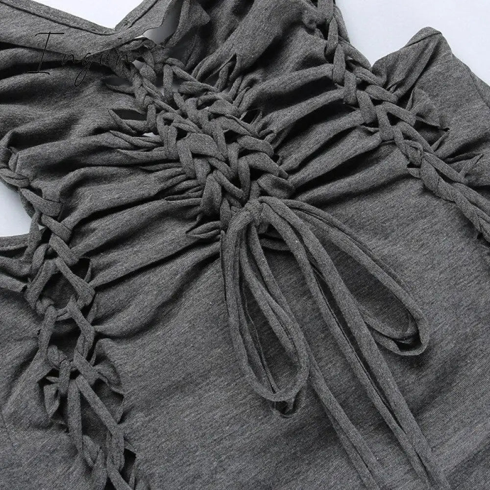 Ingvn - Dark Gray Hollow Out Mini Dress Sexy Drawstring Bandage Backless Summer Dresses for Women 2023 Birthday Party Clubwear