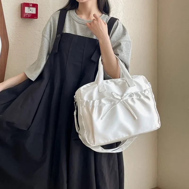 Ingvn  Cute Elegant Womens Shoulder Bag Pink Pleated Bow College Style Tote Bag Aesthetic Literary Casual Daily New Ladies Handbag