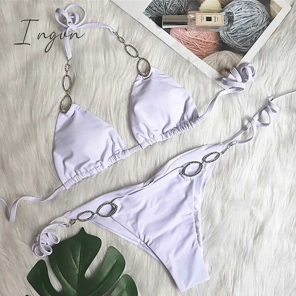 Ingvn - New Shiny Crystal Diamond Bikini Women Halter Bandage Swimsuit Female Swimwear Rhinestone Bikini set Brazilian Bathing Suit