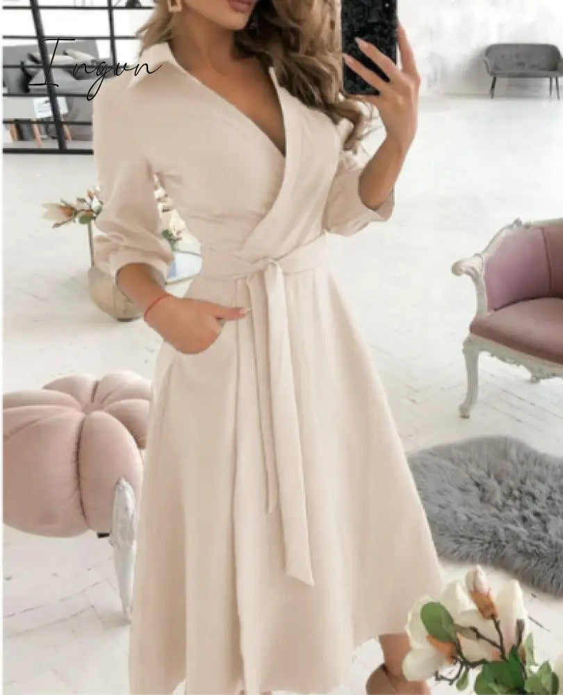 Ingvn - Spring and summer fashion plus size ruched dress long-sleeved V-neck print bag hip dress women's clothing dress for women