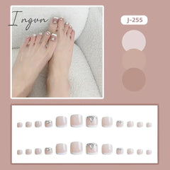 Summer Classic White French False Foot Nails Flash Toenail Press On Short Square Fake Toe Nails Silver Diamond Glitter Nail Tips