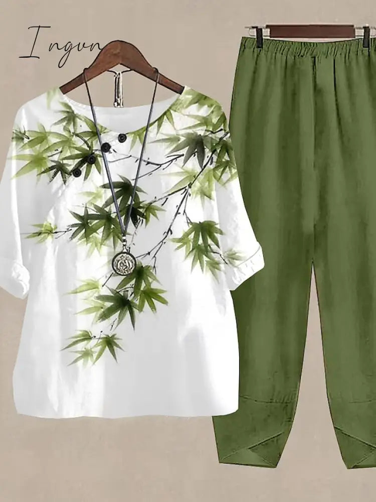 Ingvn - Women's Shirt Pants Sets Pants Trousers Basic Army Green Blue Holiday Weekend Floral Print Round Neck S M L XL 2XL