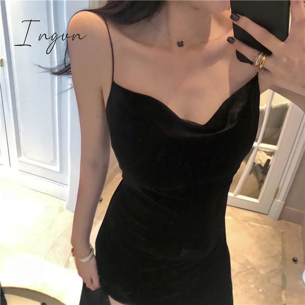 Ingvn - Brand New Women Dress Spaghetti Strap Slit Velvet Black Dress Sexy Bodycon bandage Dress Midi Party Dress Vestidos Verano