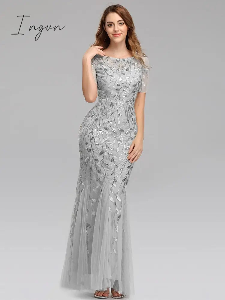 Ingvn - Plus Size Evening Dresses Mermaid O Neck Short Sleeve Lace Appliques Tulle Long Party Gown Robe Soiree Sexy Formal Dress vestido