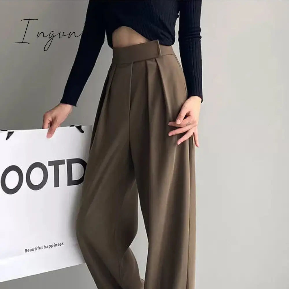 Ingvn - Brown Wide Leg Women's Classic Suit Pants Vintage Palazzo Office Elegant Casual Balck Trousers Female High Wasit Pants