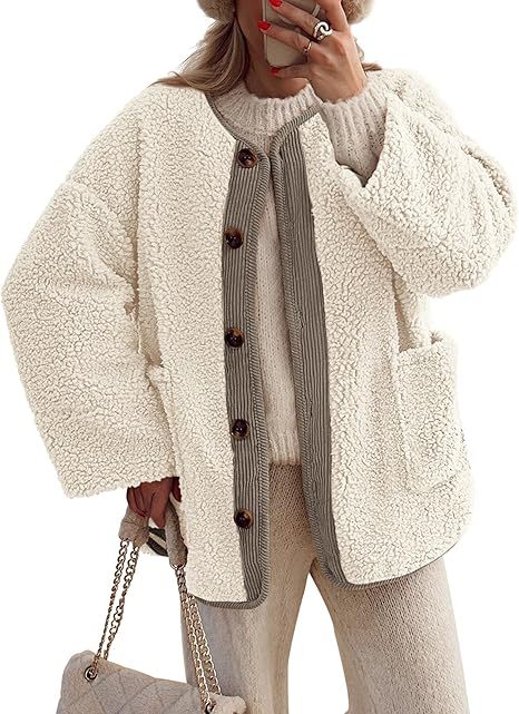 Women's Warm Winter Coat Collarless Casual Long Sleeve Button Plush Lambskin Jacket Coat