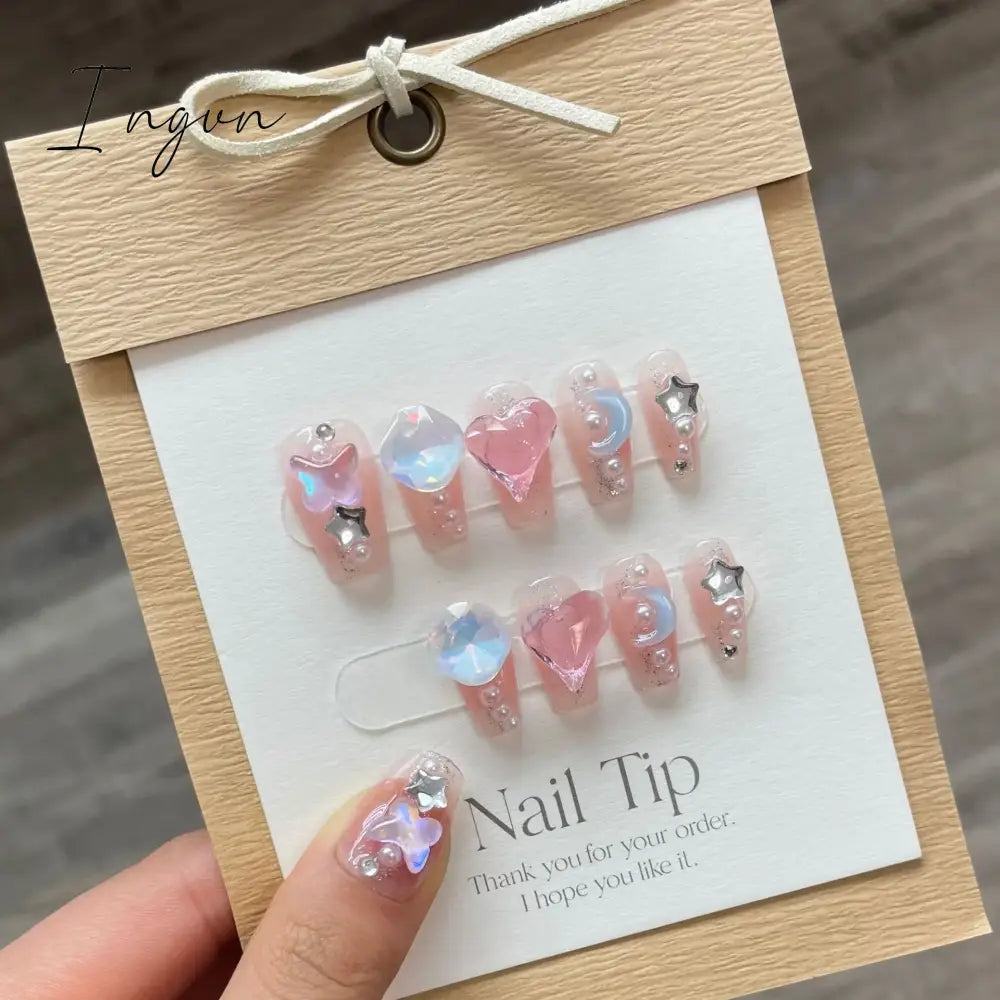 Bow Ice Translucent Sense Handmade Wearable Fake Nail Gradient AB Asymmetric Almond False Nails Trim Nail Shape Nail Decoration