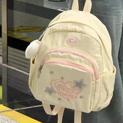 INGVN  Sweet Cute Backpack for Women Heart Star Letter White Corduroy Handbag New College Style Fresh Casual Fashion Shoulder Bag