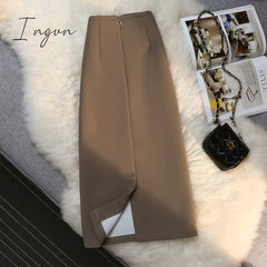Ingvn - Fashion Elegant Formal Skirts Women Autumn New High Waist Drape Suit Long Brown Skirt Zipper Female
