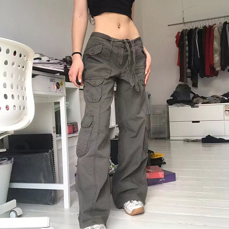 Voguable  Fashion American Trousers High Street Retro Gray Cargo Pants  Woman Sexy Low Waist Baggy Pants Casual Trousers Streetwear