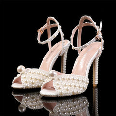 New White Female Sandals Bridal Shoes Woman Fashion Thin Heel Big Pearl Girls Fashion Sandals Party Shoes Sandales Femmes