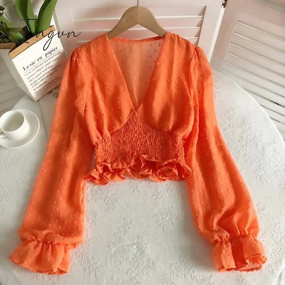 Ingvn - Women Fashion Spring Women Sweet Spot Blouse Ladies Fashion Chiffon Pullover Shirt V-neck Slim Long Puff Sleeve Folds Tunic Short Top