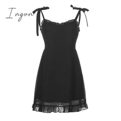 Ingvn - Sweetown Dark Academia Gothic Dresses Women Chiffon Ruffles Black E Girl Clothes Sleeveless V Neck Lace Up Mini Dress Summer