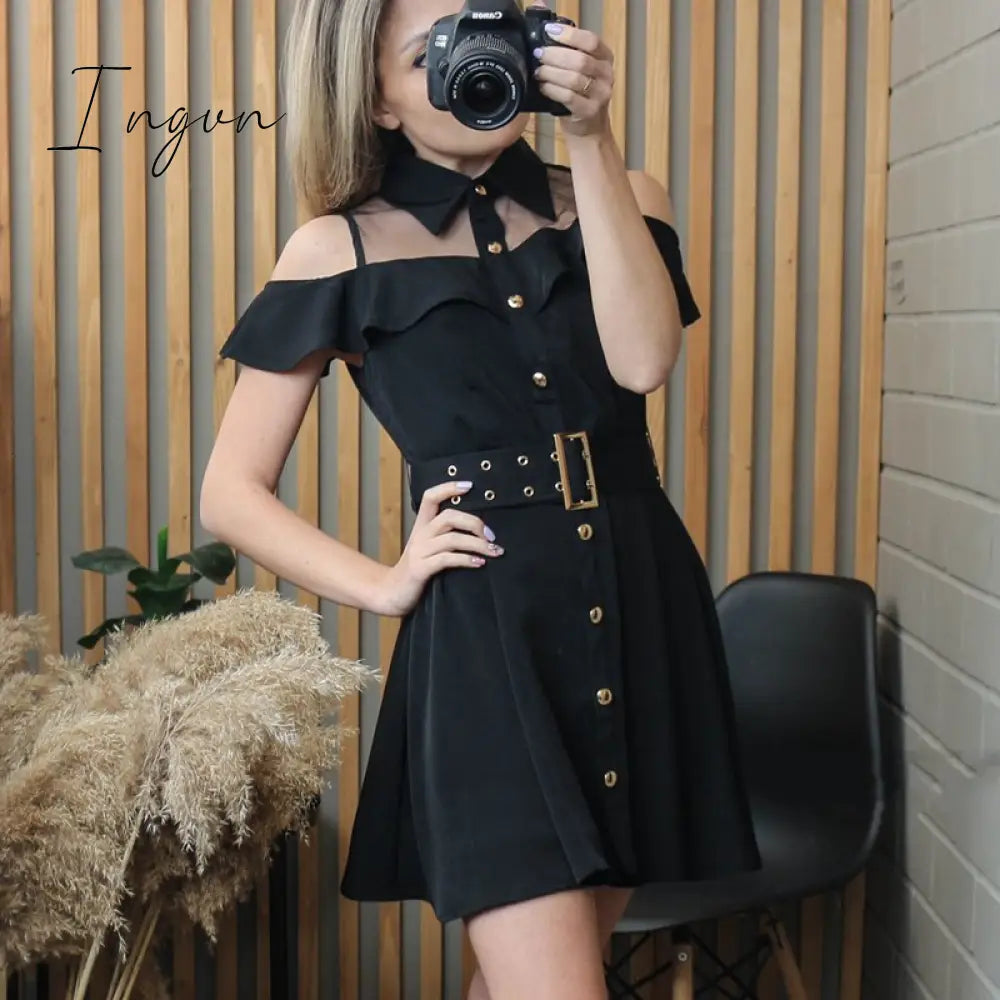 Ingvn - Korean OL New Single Breasted Women Summer Dress Sweet Chic Black office work Short mini Dresses With Belt Vestidos jurken