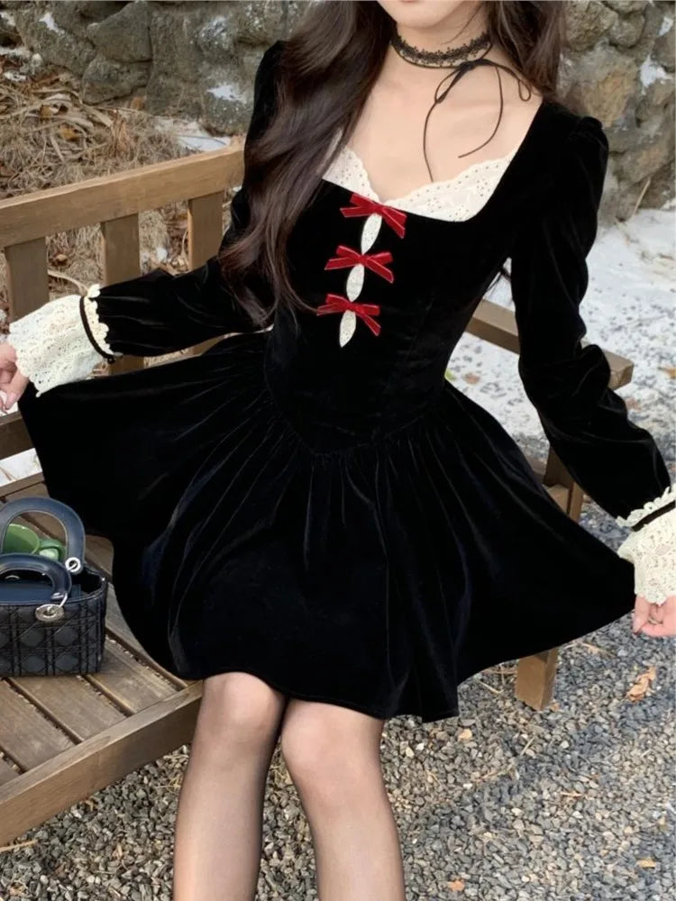 Y2K Sweet  Black Velvet Womens Dresses French Vintage Lace Patchwork Princess Birthday Party Mini Dress Female Short Vestidos