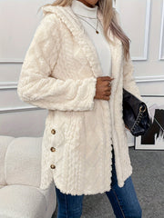 Solid Button Up Hooded Teddy Coat, Elegant Long Sleeve Split Side Faux Fur Outwear, Women's Clothing