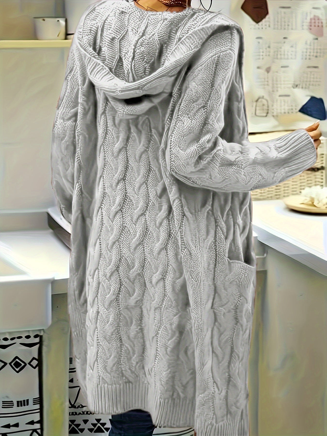 Plus Size Casual Cardigan, Women's Plus Solid Cable Long Sleeve Open Front Hooded Cardigan With Pockets