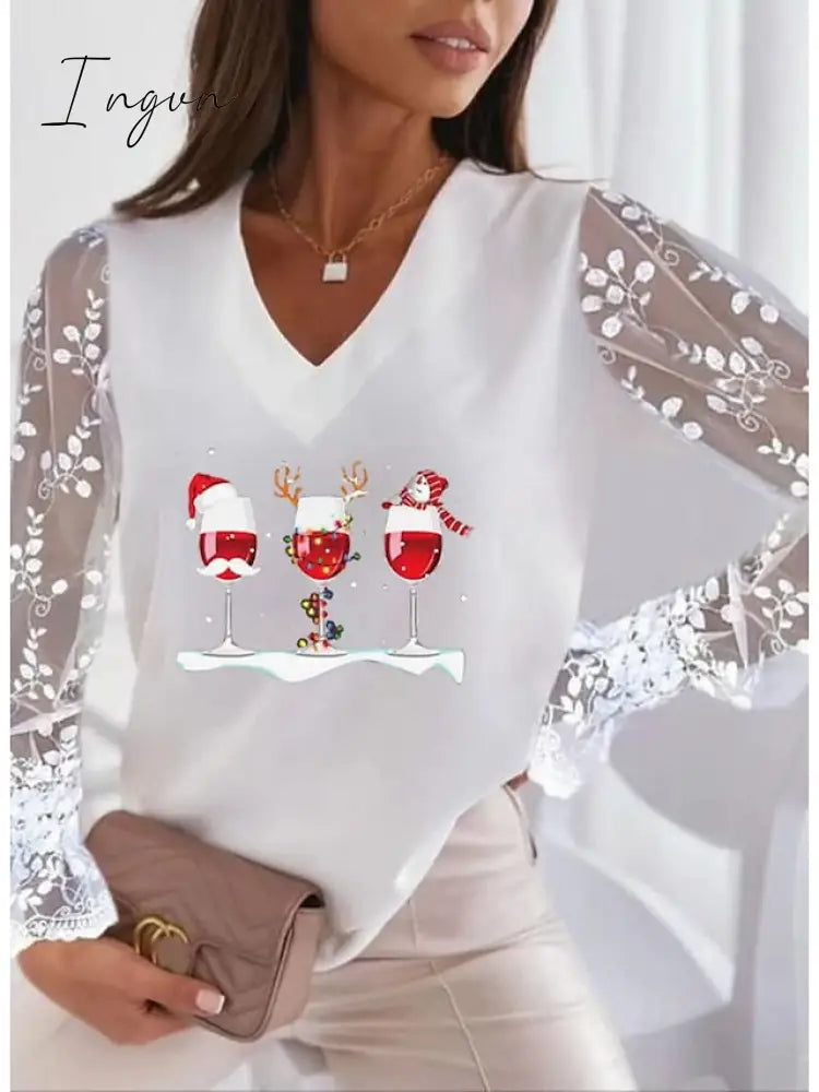 Ingvn - Women's T shirt Tee Maroon Silver Peach Graphic Reindeer Patchwork Lace Trims Long Sleeve Christmas Casual Christmas V Neck Regular S