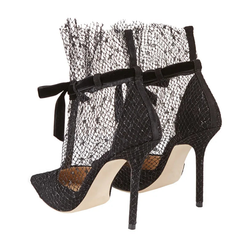 Spring and summer new pointed hollow suede bow mesh sandals thin high-heeled banquet dress versatile sexy women's sandals