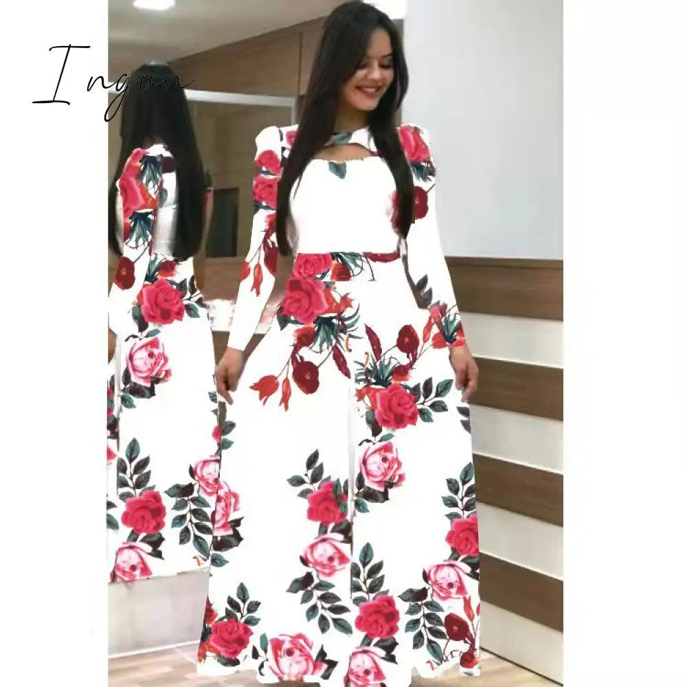 Ingvn - S- 5XL Plus Size Elegant Oversized Tunic Women Dress Bohmia Flower Print Maxi Dresses Fashion Hollow Out Long Vestidos