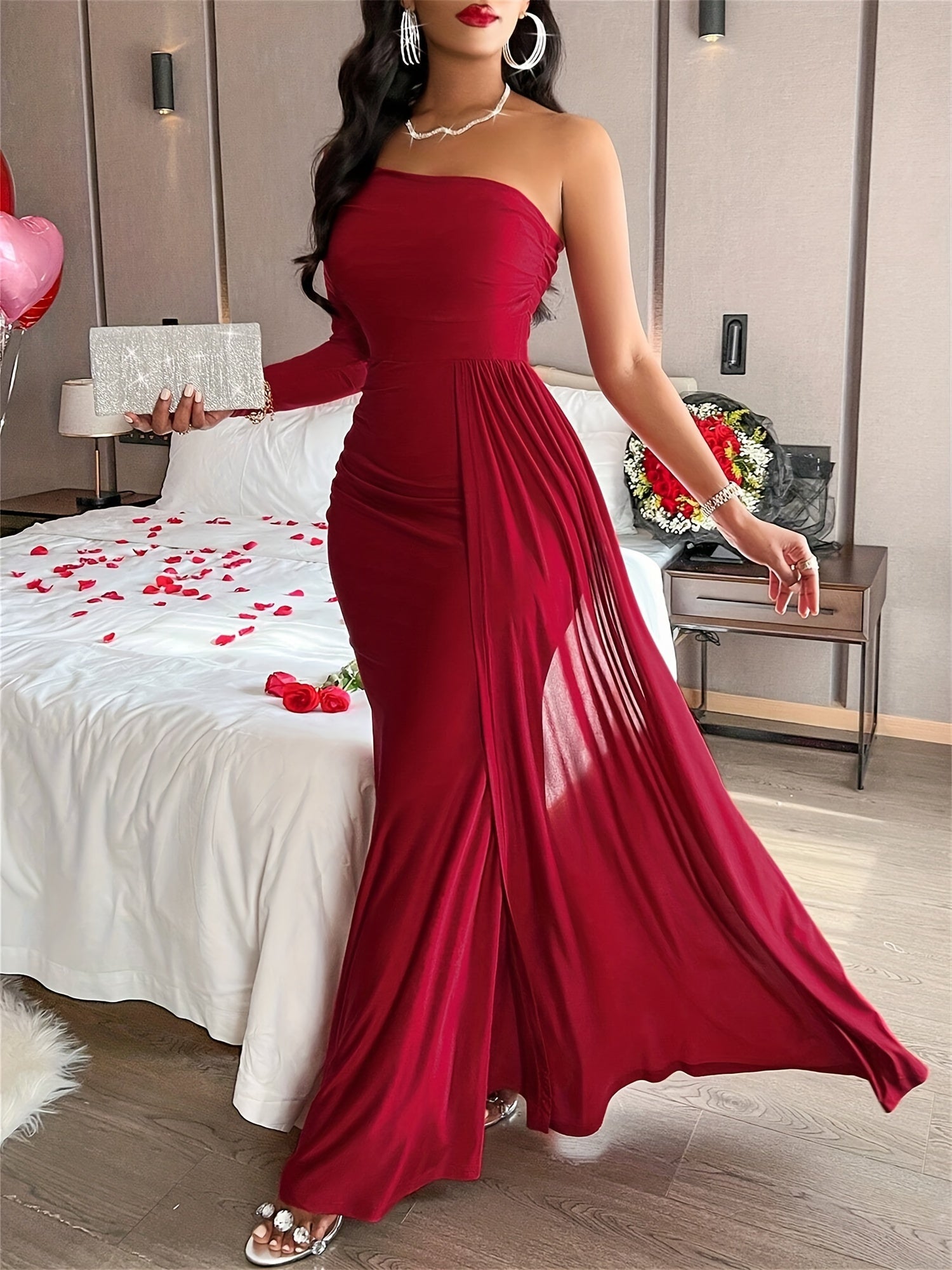 Elegant Oblique-Shoulder Long Sleeve Formal Wedding Guest Dress Maxi Dress