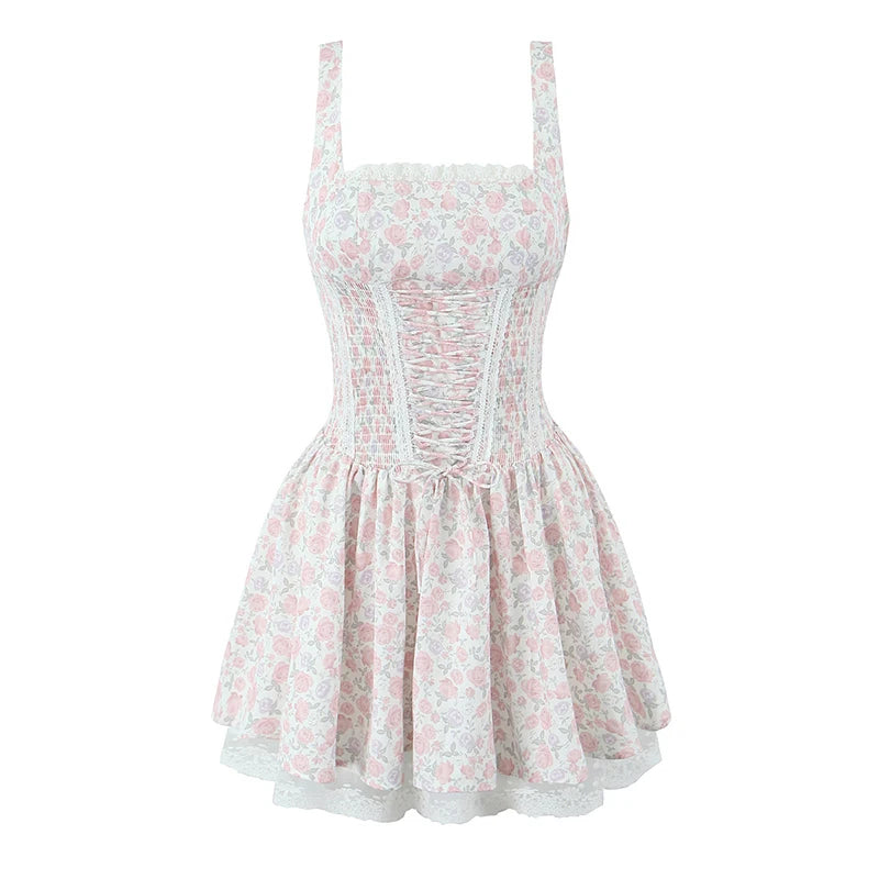 Elegant Women Floral Print Princess Sling Mini Dress Front Bandage Lace Patchwork A-line Summer Dress Holiday Party Robe
