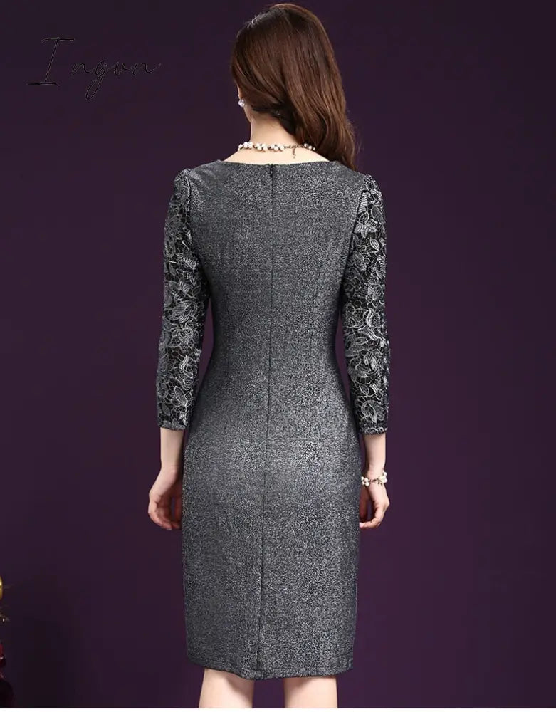 Ingvn - Women Sexy Dress autumn Elegant Women Winter 3/4 Sleeve Knee Length Vintage Ol Work Wear Bodycon Lace Crochet Dresses 4XL