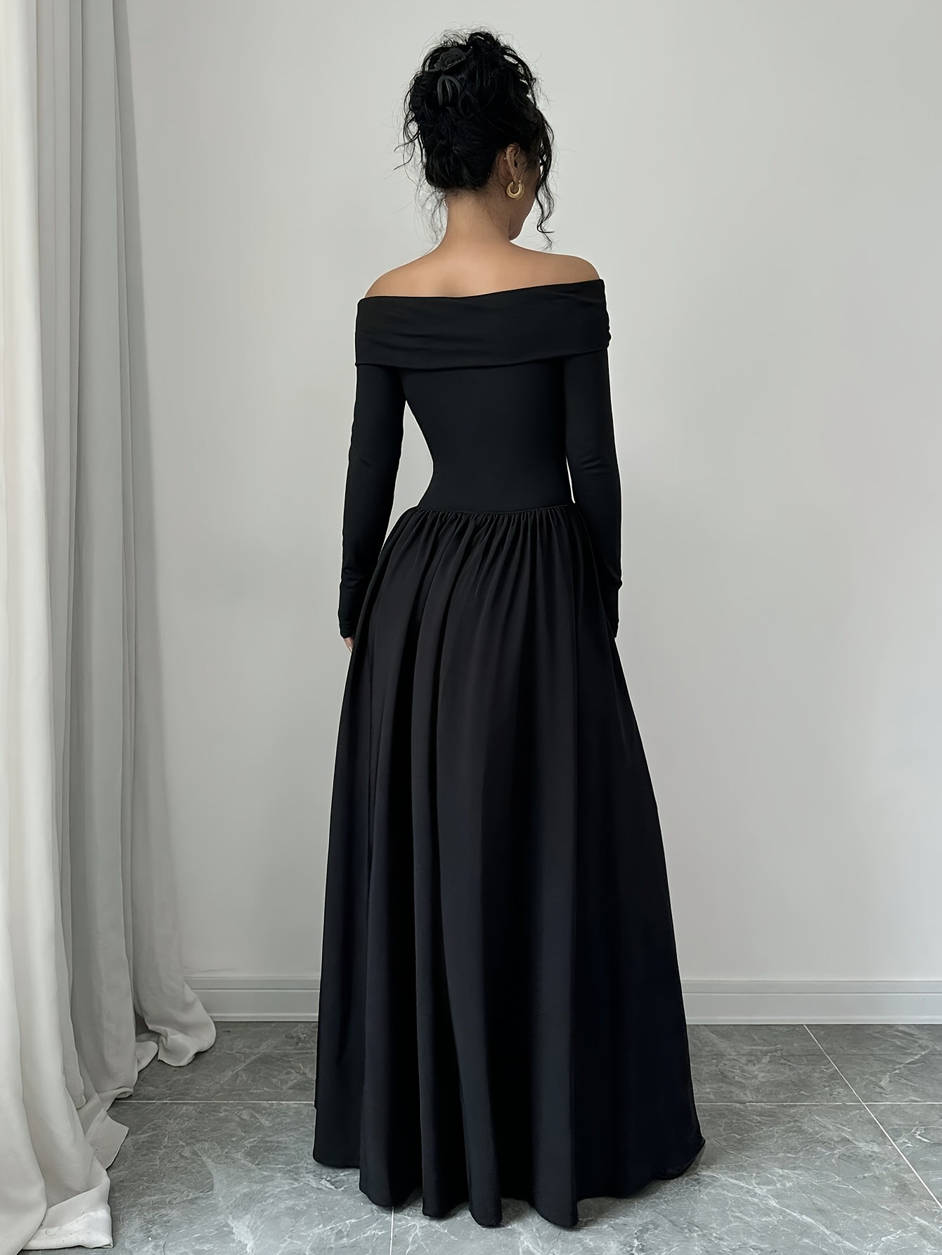 Women'S Elegant Off-Shoulder Long Sleeve A-Line Dress with Pockets, Solid Color Polyester 95% Elastane 5% Fabric, All-Season Versatile Dress, 237 g/m² Woven Dress