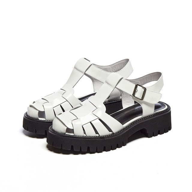 Meotina Platform Wedges Sandals Real Leather Mid Heel Shoes T-Strap Round Toe Female Footwear Buckle Sandals Summer Black New