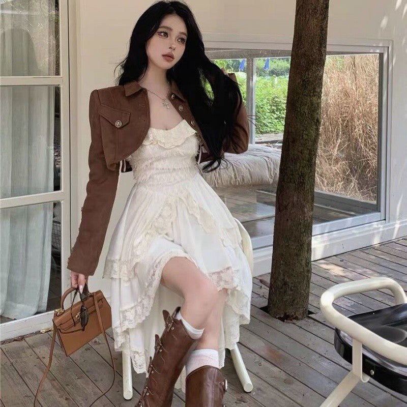 Pphmm 2000s fashion Pure Desire Temperament Sling Dress Women's Early Autumn Popular Suit Retro Motorcycle Short Coat Two-Piece Set