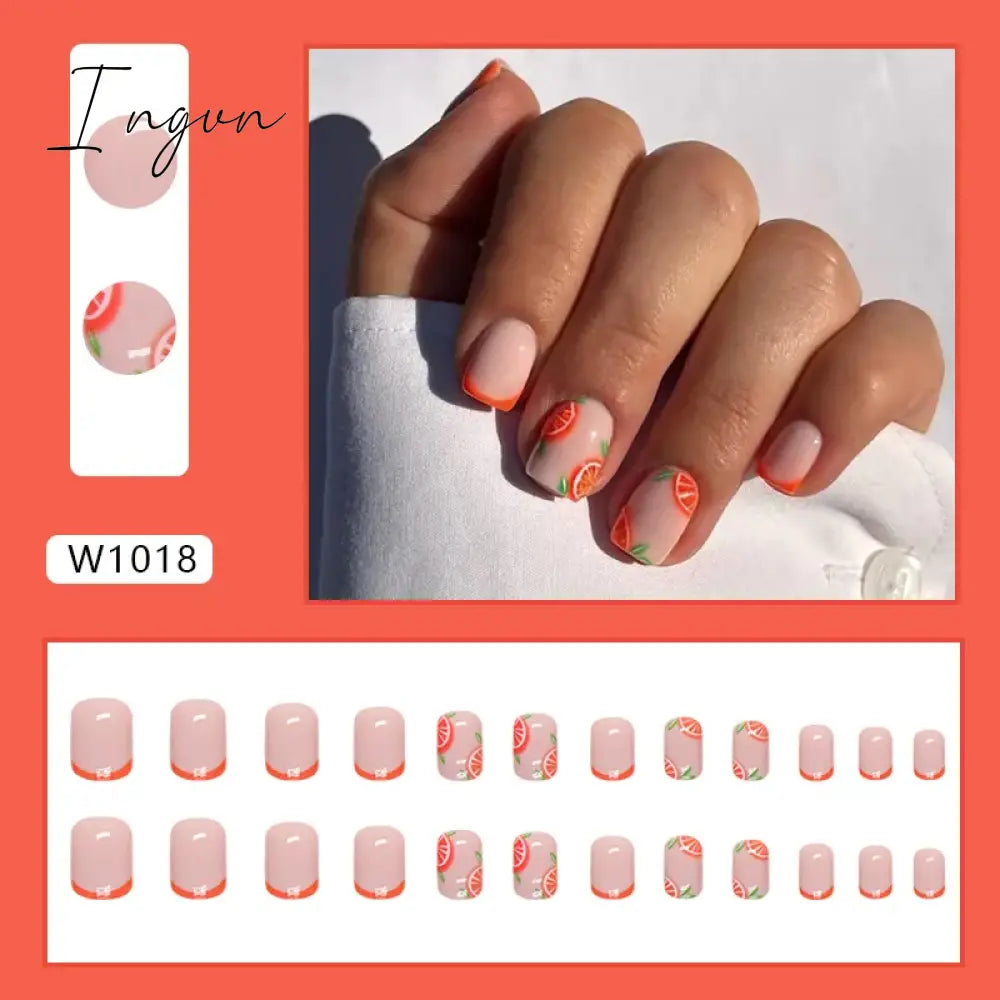 24pcs Cute Fruit False Nail Short Persimmon Orange Printed Press on Nail Manicure Patch Full Cover Detachable Acrylic Nail Tips