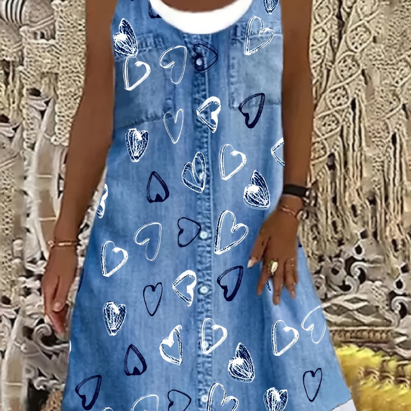 Plus Size Floral Denim Charm - Womens Casual Round Neck Loose Tank Dress with Boho Style - Comfortable & Fashionable for All Seasons
