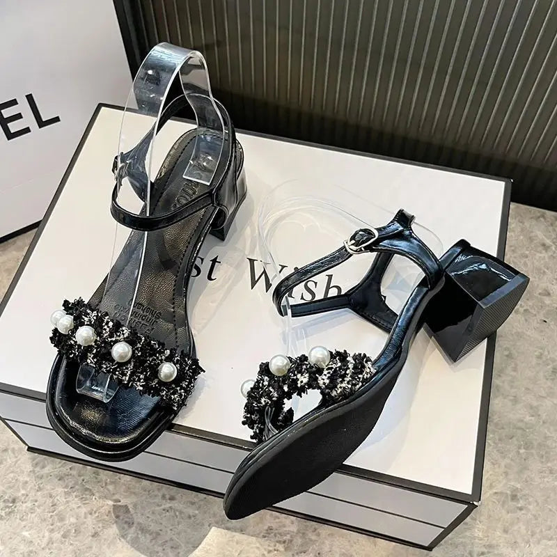 Sandals for Woman Thick Heel Block Women's Shoes Leather Summer One Word Open Toe Footwear Chunky Vip Sandal The Best
