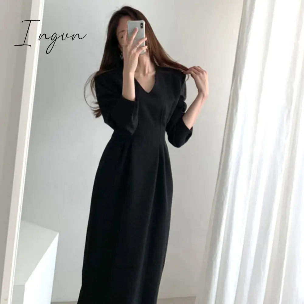 Ingvn - Spring Autumn Women Solid Black Elegant Office Lady V Neck Fashion Long Korea Chic Dress