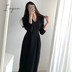 Ingvn - Spring Autumn Women Solid Black Elegant Office Lady V Neck Fashion Long Korea Chic Dress