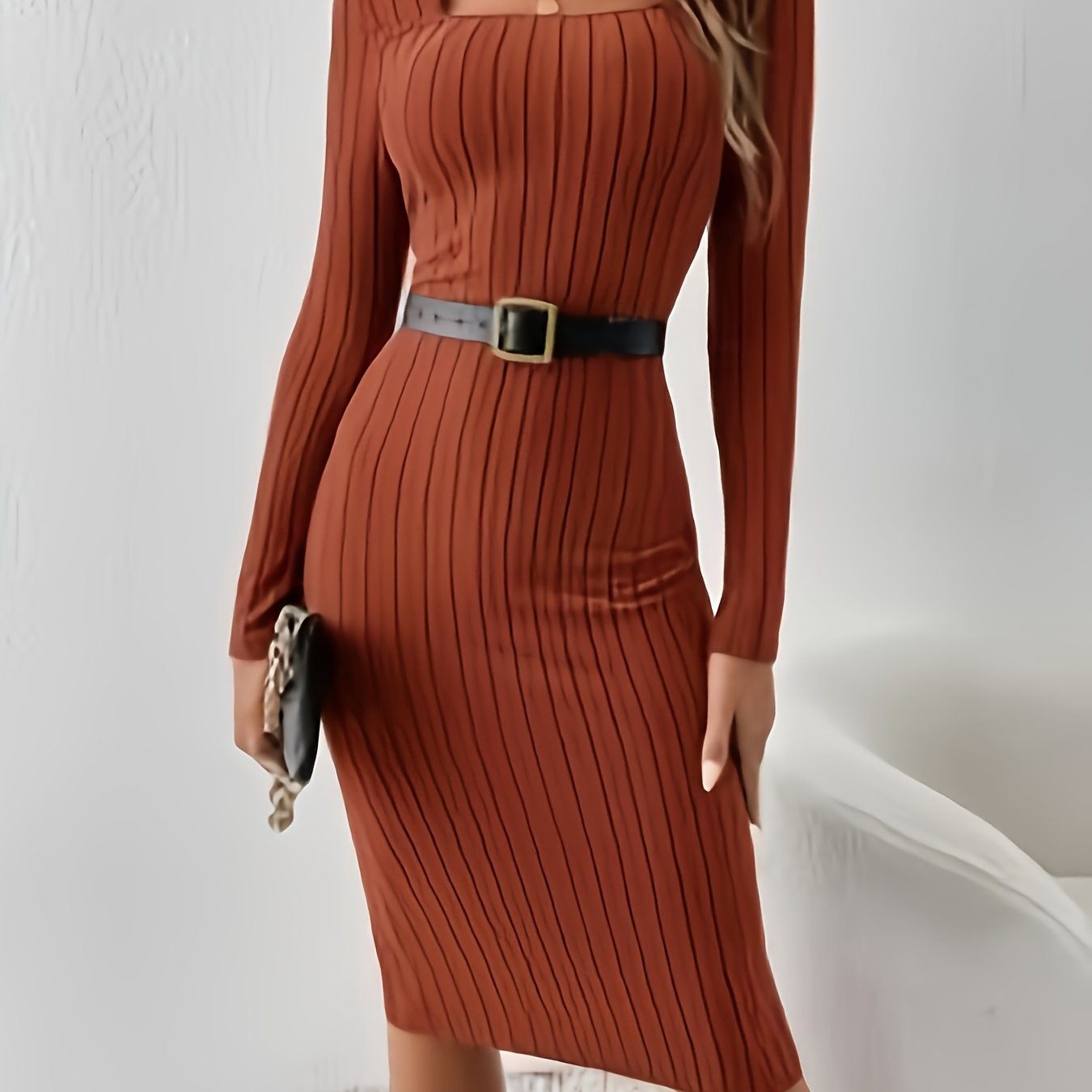 Elegant Long Sleeve Knit Dress for Women - Solid Color, Square Neck, Fitted Polyester Midi Skirt Dress, No Bra Pad, Autumn Collection