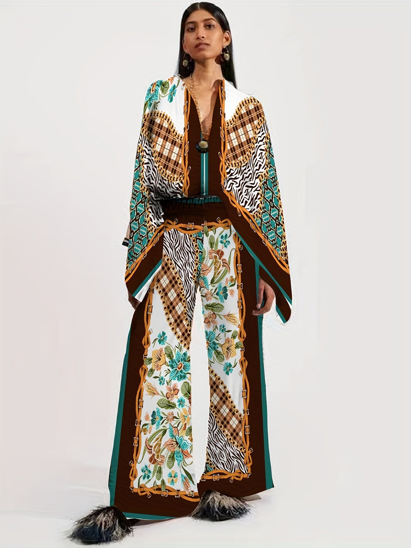 Two-piece Set, Long Sleeve Ethnic Print High Waist Wide Leg Pants Outfits, Button Front Blouse Women's Clothing